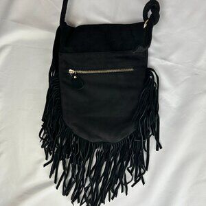 Boho Taupe Suede Fringe Tassel Shoulder Crossbody Black Bag New